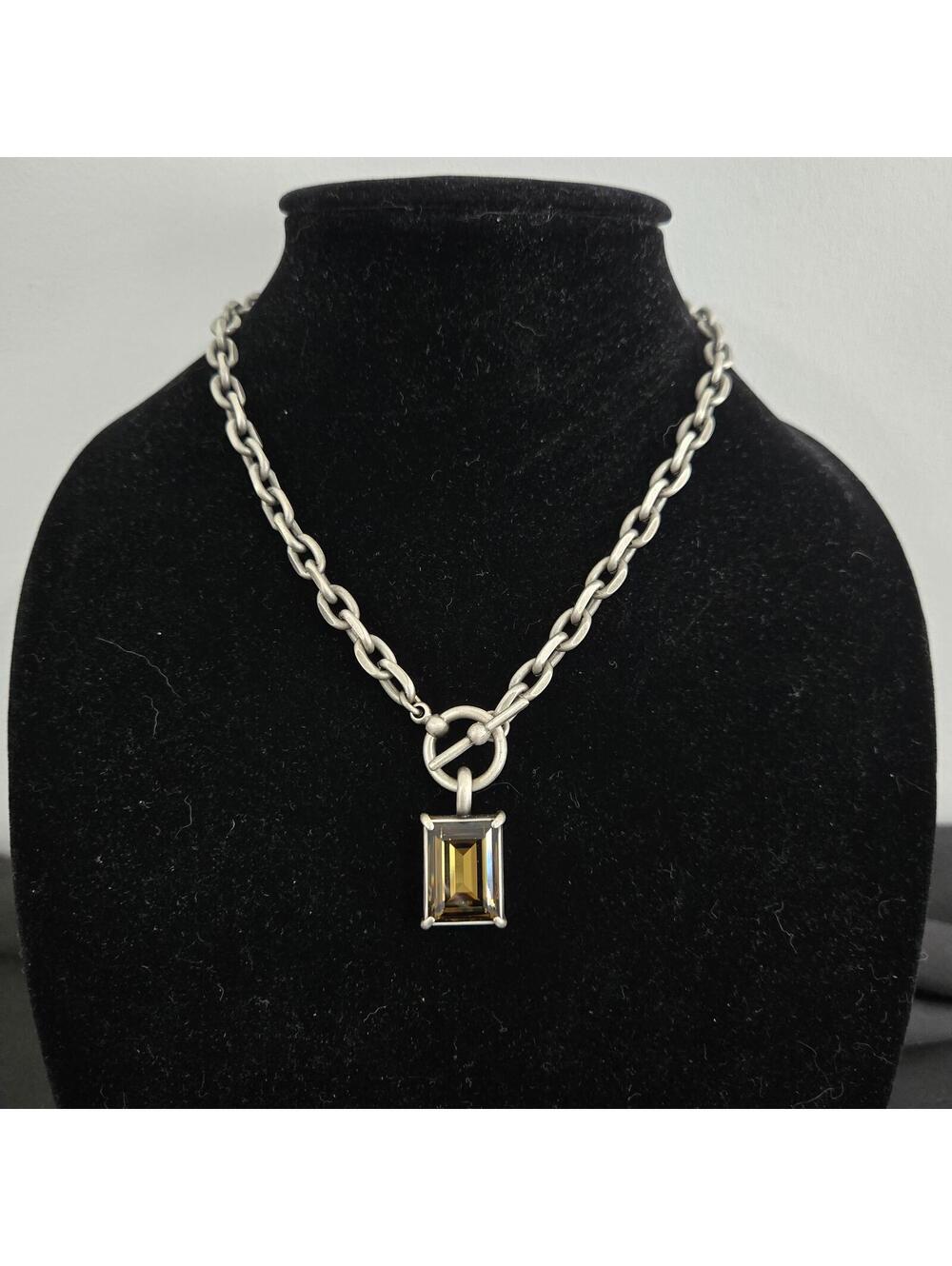 Vintage Myka Smoky Crystal Statement Necklace Pewter Modernist Jewelry Toggle